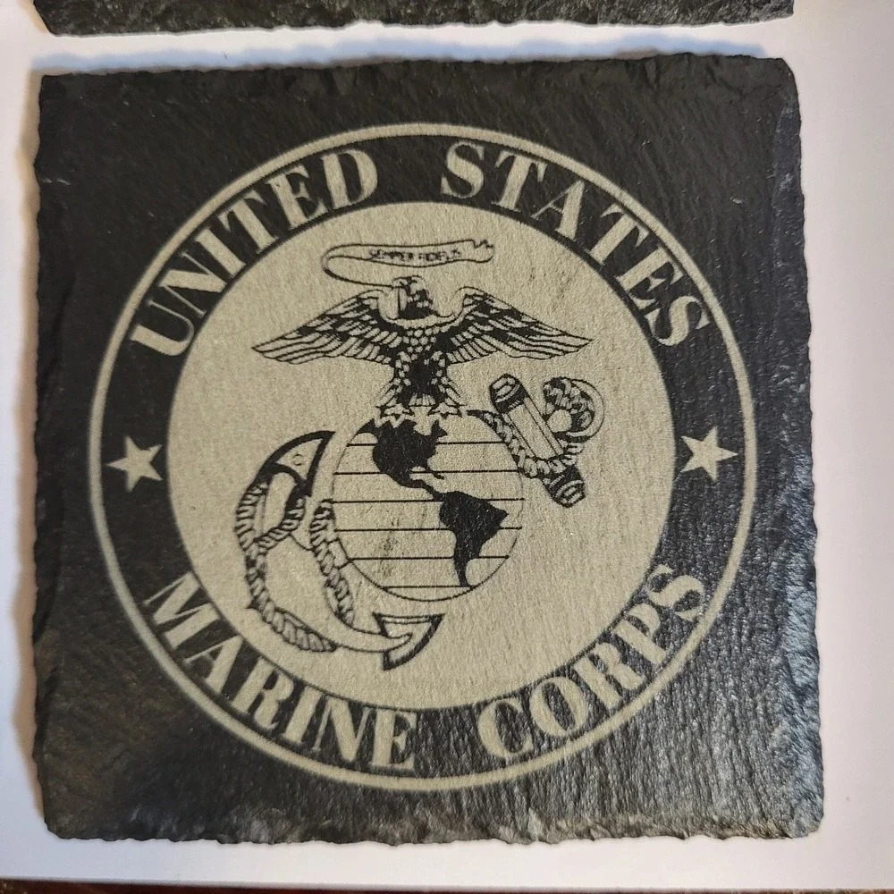 US Military Slate Coasters Set Navy Marine Corps Air Force Etched Black Stone